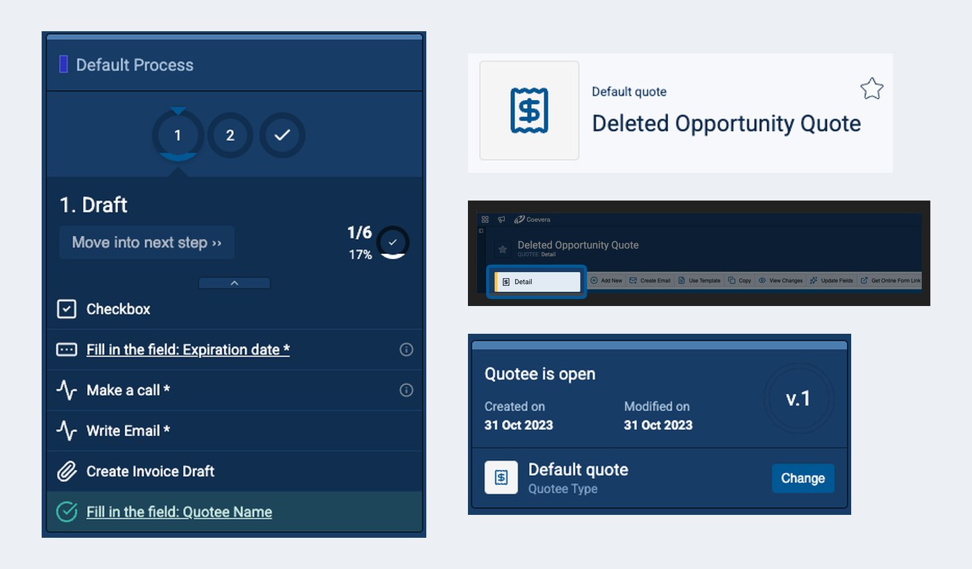 Current Coevera quote screens: the quote process, the record header, the toolbar and the quote widget